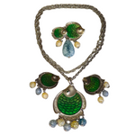 Signed CRAFT Koi Fish Green Enamel Silver Plate Pendant Necklace Earrings Brooch Set