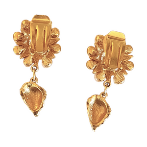 Gorgeous CRAFT Signed Seashell Pearl Dangle Vintage Brushed Gold Gold-Plated Clip-on Earrings