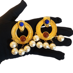 Stunning BLANCA Signed Etruscan Blue Lapis Amber Glass Cabochon Brush Gold Plated Clip-on Vintage Earrings