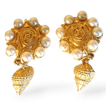 Gorgeous CRAFT Signed Seashell Pearl Dangle Vintage Brushed Gold Gold-Plated Clip-on Earrings