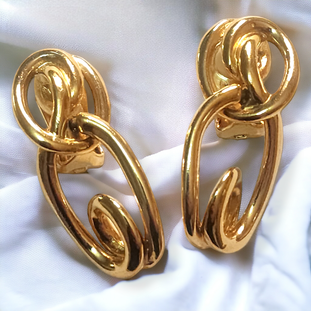 Swirl Chain Link Dangle Drop Gold Plated Vintage Earrings