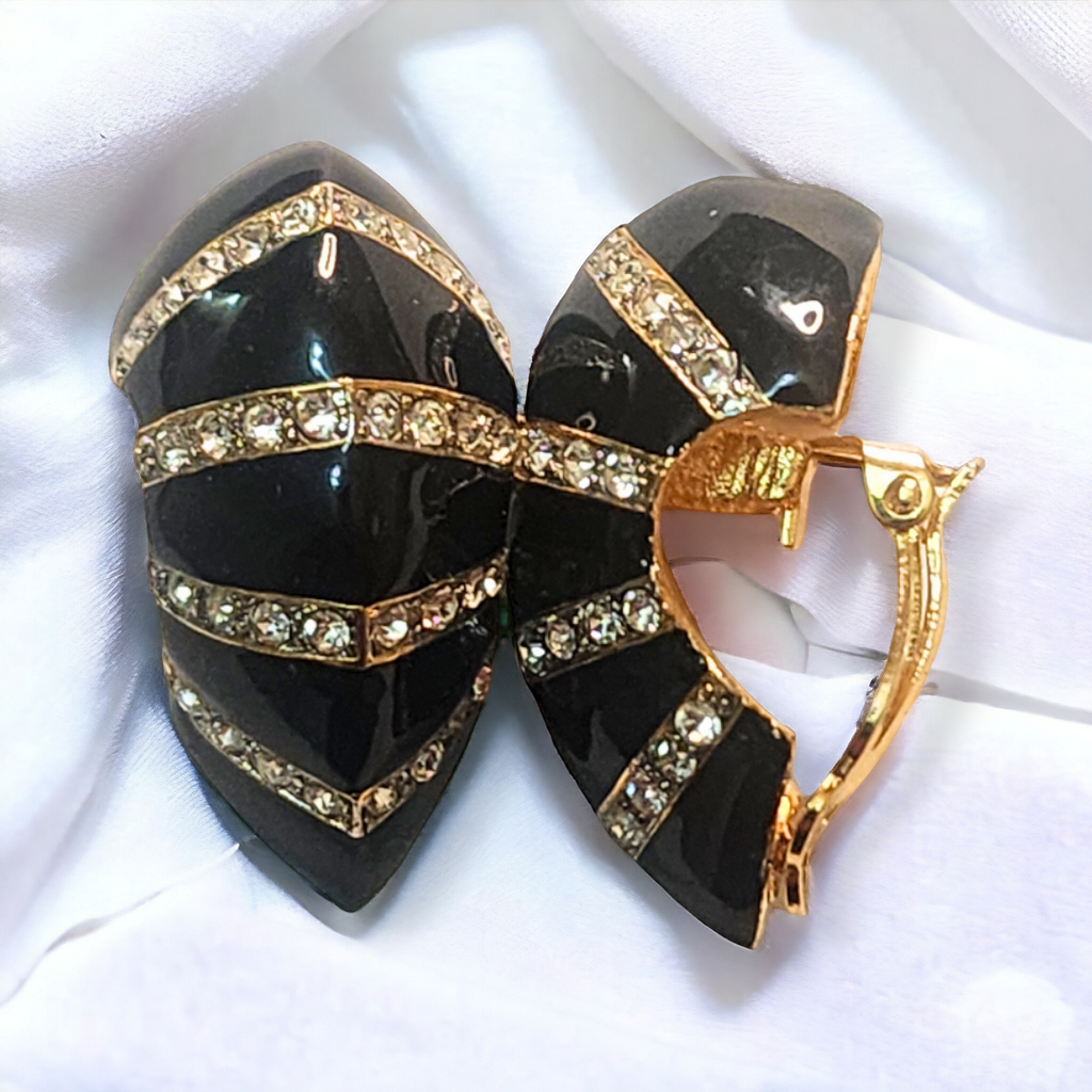 Stunning St. John Black Enamel and Diamante Gold-Plated Clip-on Earrings - Timeless Statement Jewelry