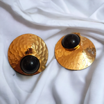 Oversized Etruscan Hammered Black Acrylic Black Cabochon and Gold Tone, Etruscan Revival Vintage Earrings