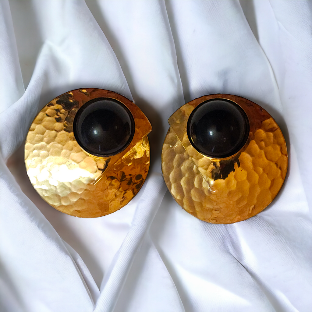Oversized Etruscan Hammered Black Acrylic Black Cabochon and Gold Tone, Etruscan Revival Vintage Earrings