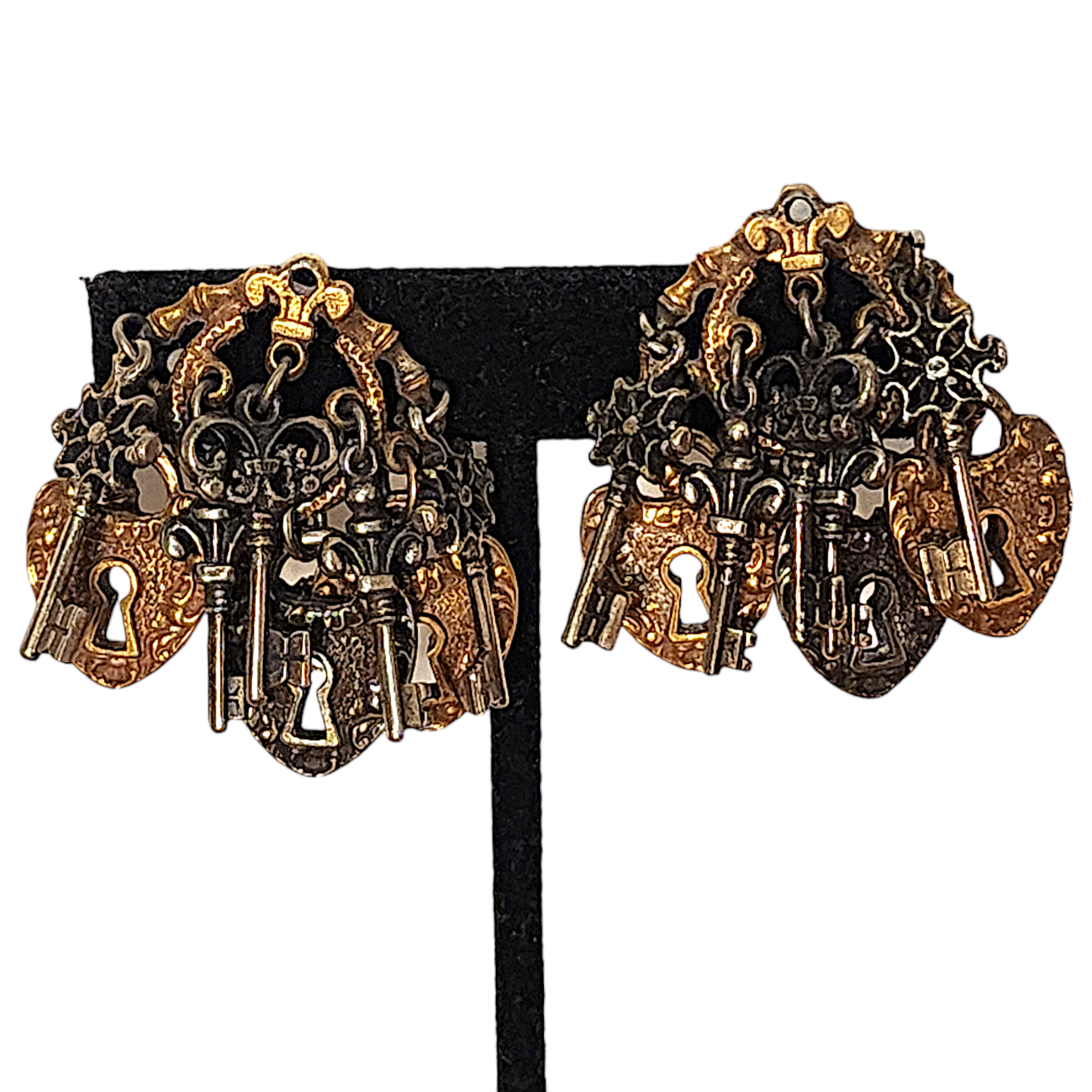 Skeleton Key Padlock Charm Dangle Drop Vintage Victorian Earrings