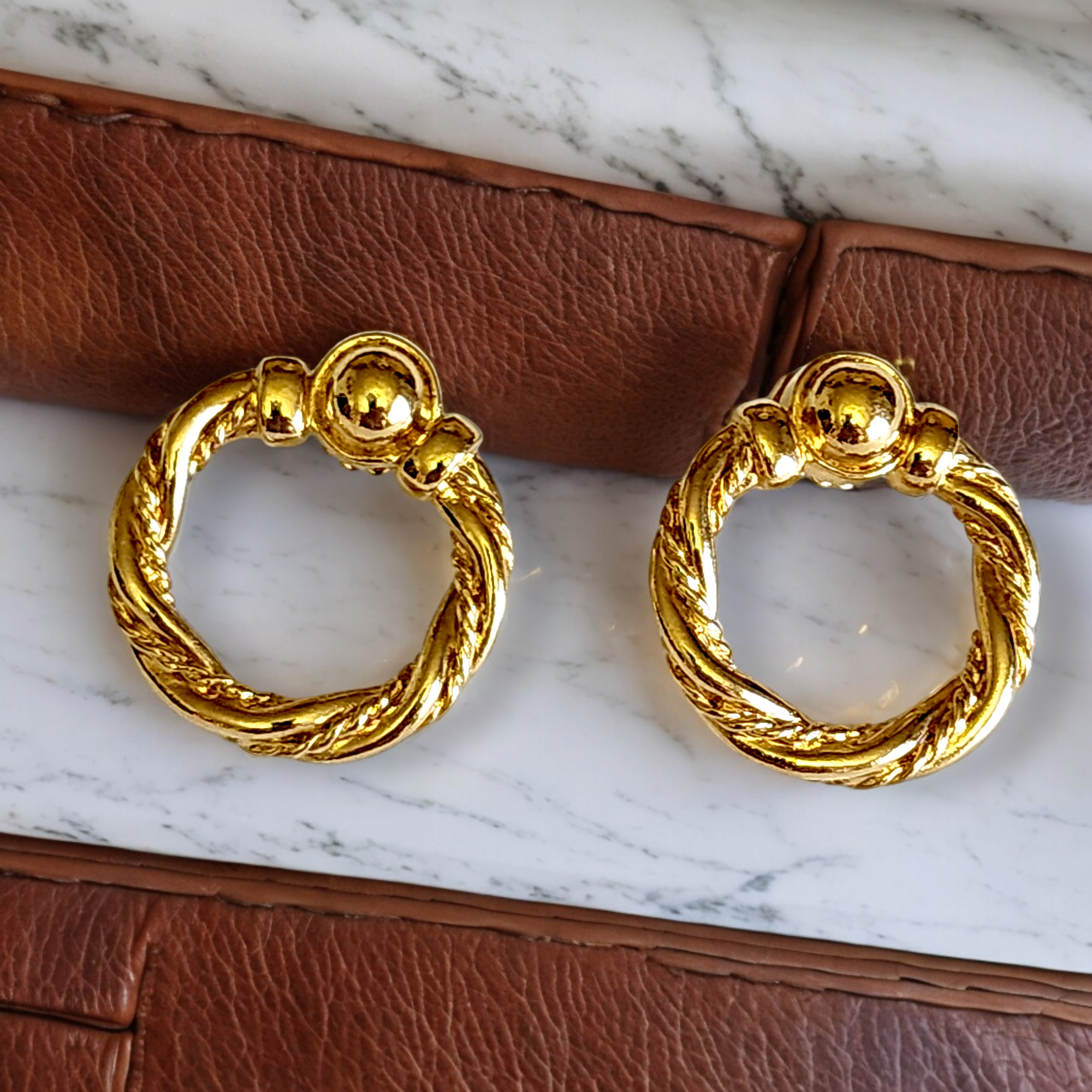 Twisted Rope Wreath Open Circle Hoop Gold Plated Earrings, Doorknocker Earrings