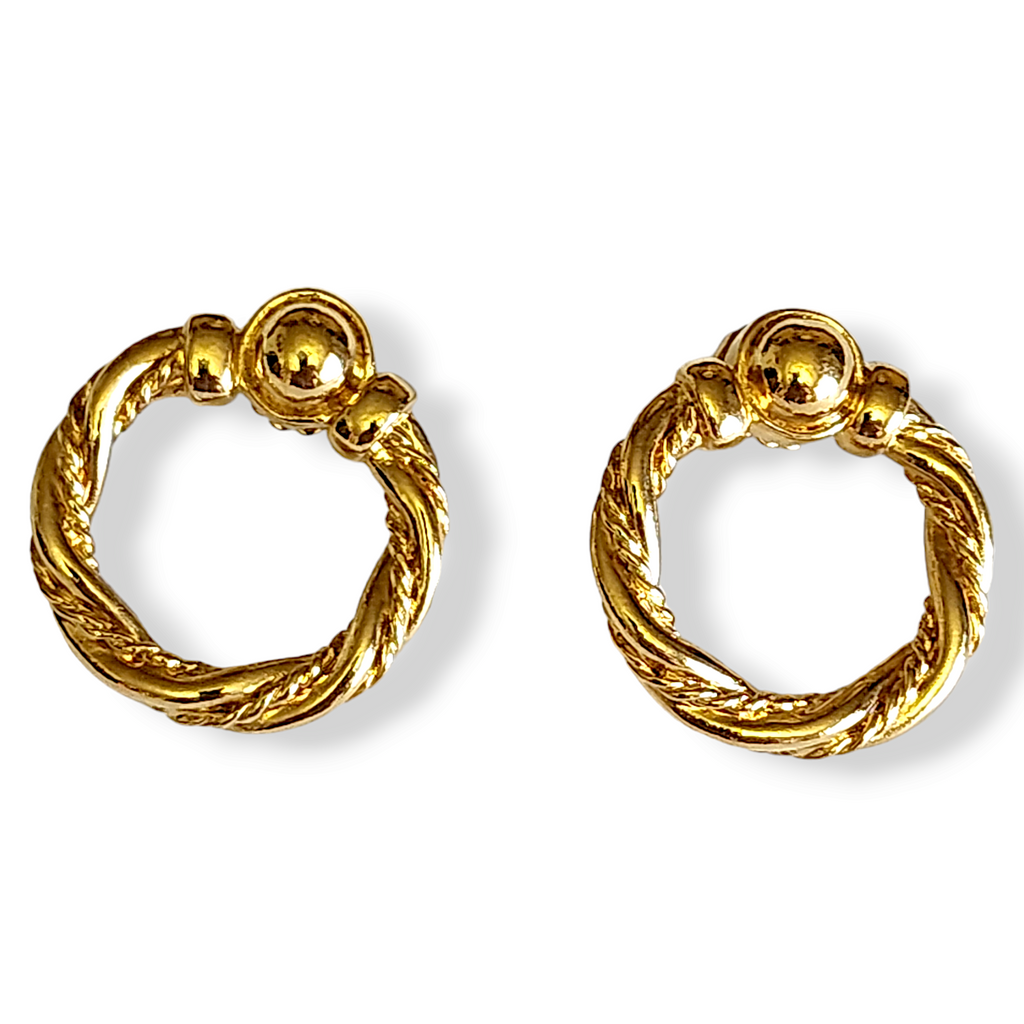 Twisted Rope Wreath Open Circle Hoop Gold Plated Earrings, Doorknocker Earrings