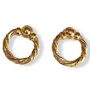 Twisted Rope Wreath Open Circle Hoop Gold Plated Earrings, Doorknocker Earrings