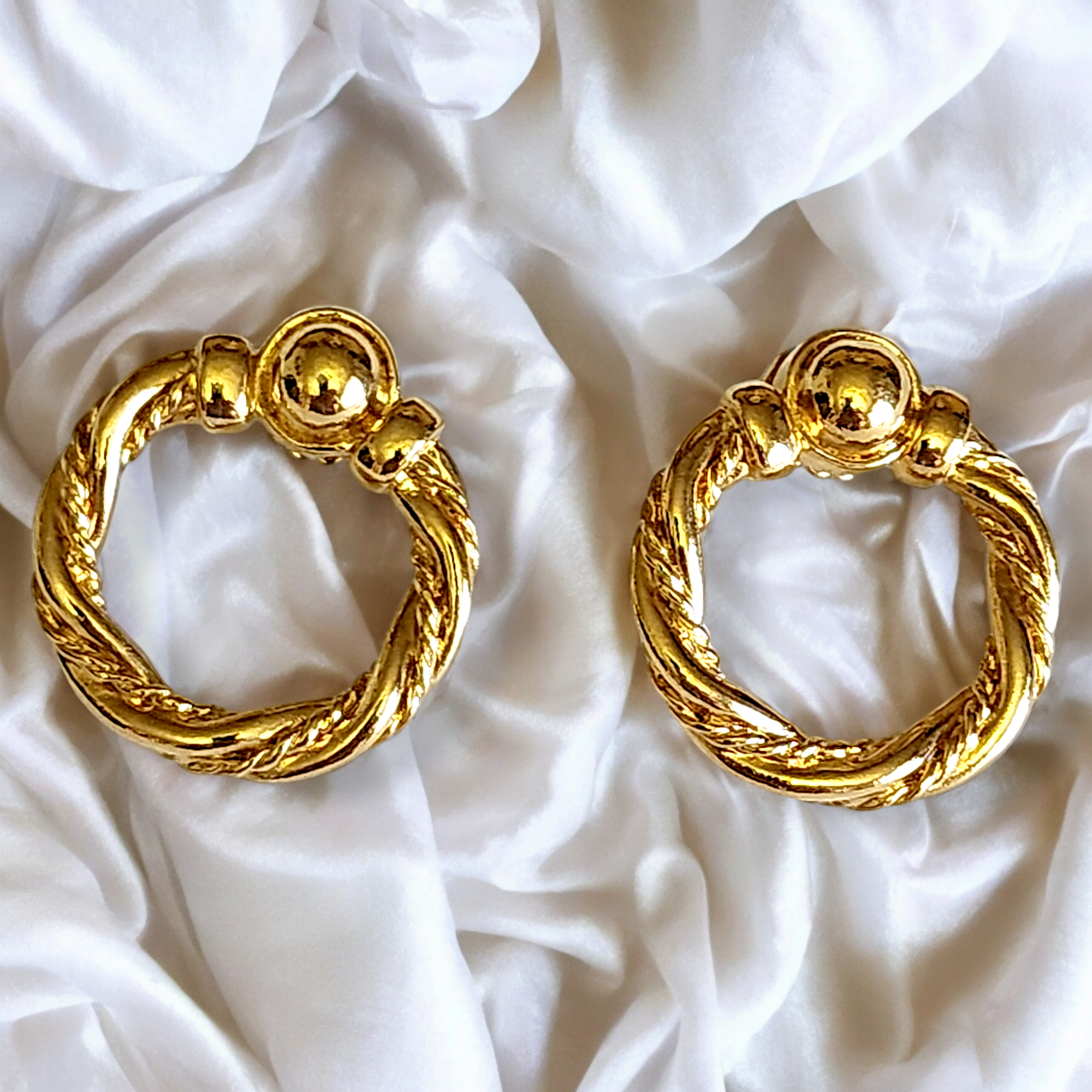 Twisted Rope Wreath Open Circle Hoop Gold Plated Earrings, Doorknocker Earrings