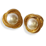 Huge Rope Faux Domed Pearl Design Gold Plated Clip On Vintage Earrings