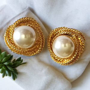 Huge Rope Faux Domed Pearl Design Gold Plated Clip On Vintage Earrings