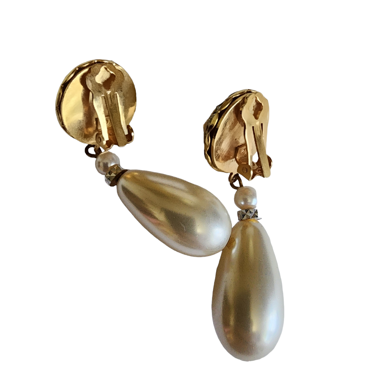 Vintage Faux Pearl and Rhinestone Dangle Drop Gold Tone Earrings