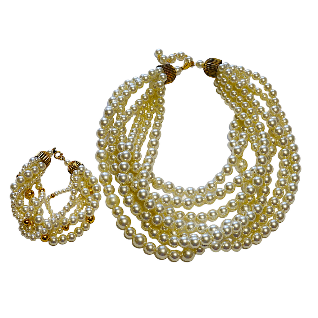 Multistrand Faux Pearl Goldtone Metal Clasp Choker Vintage Necklace w/Bracelet