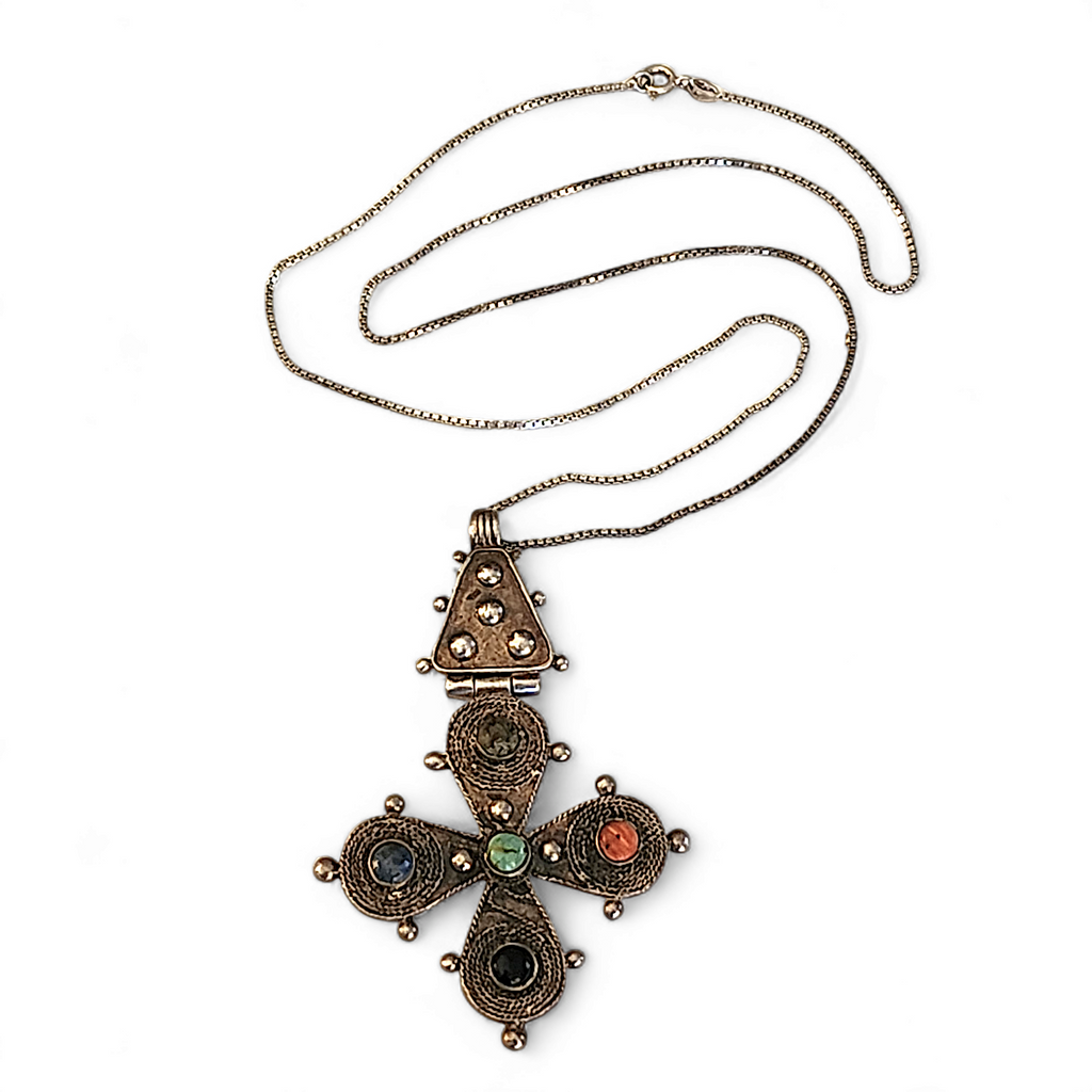 Sterling Silver Ornate Gemstone Cross Vintage Necklace