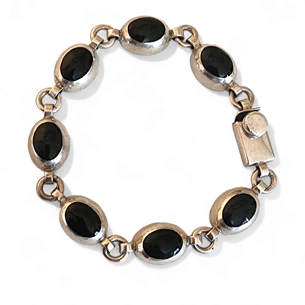 Vintage Artisan Mexico Sterling Silver Black Onyx Oval link Bracelet