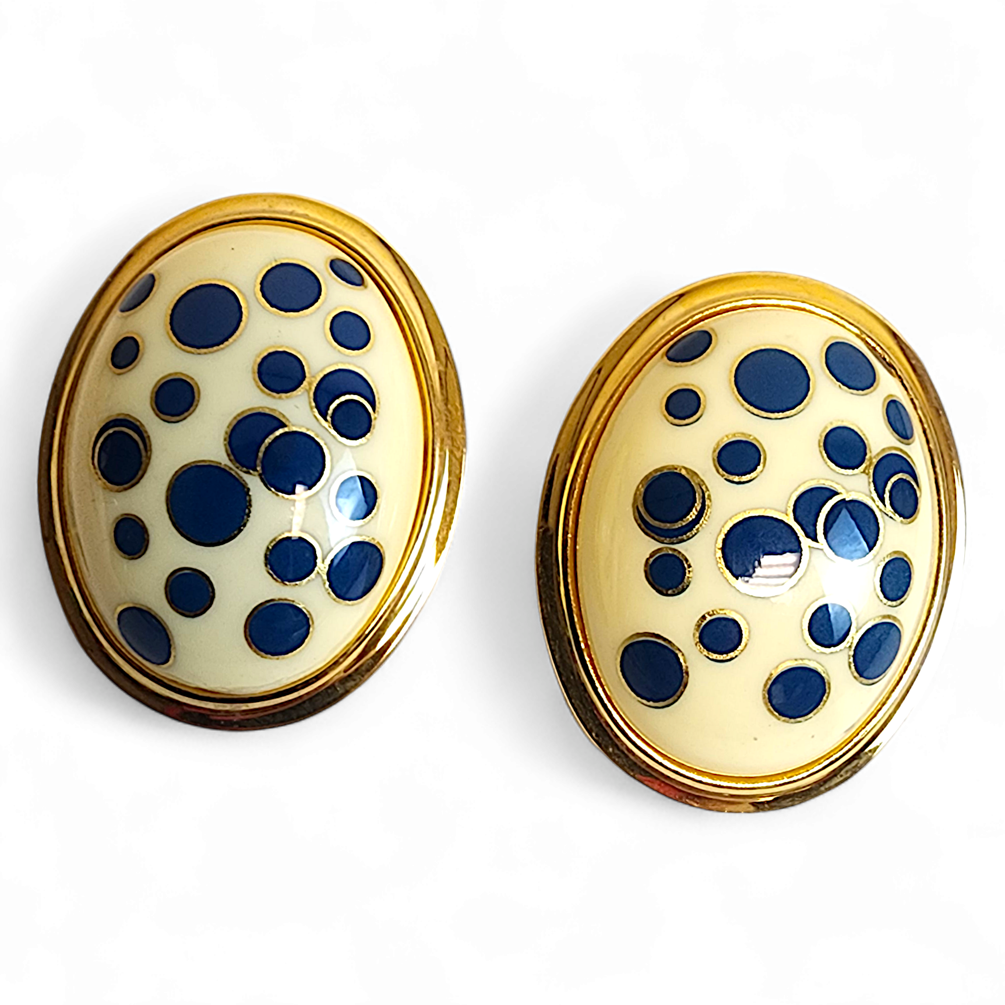 Vintage Large Porcelain Enamel Dome Blue Polka Dot Post Back Earrings