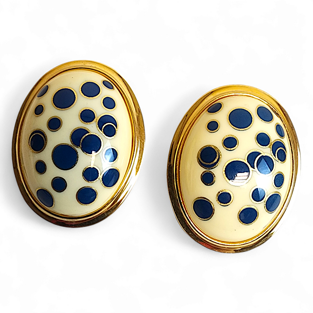 Vintage Large Porcelain Enamel Dome Blue Polka Dot Post Back Earrings
