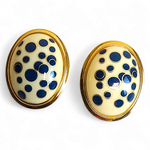 Vintage Large Porcelain Enamel Dome Blue Polka Dot Post Back Earrings
