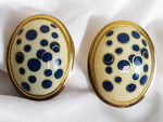Vintage Large Porcelain Enamel Dome Blue Polka Dot Post Back Earrings