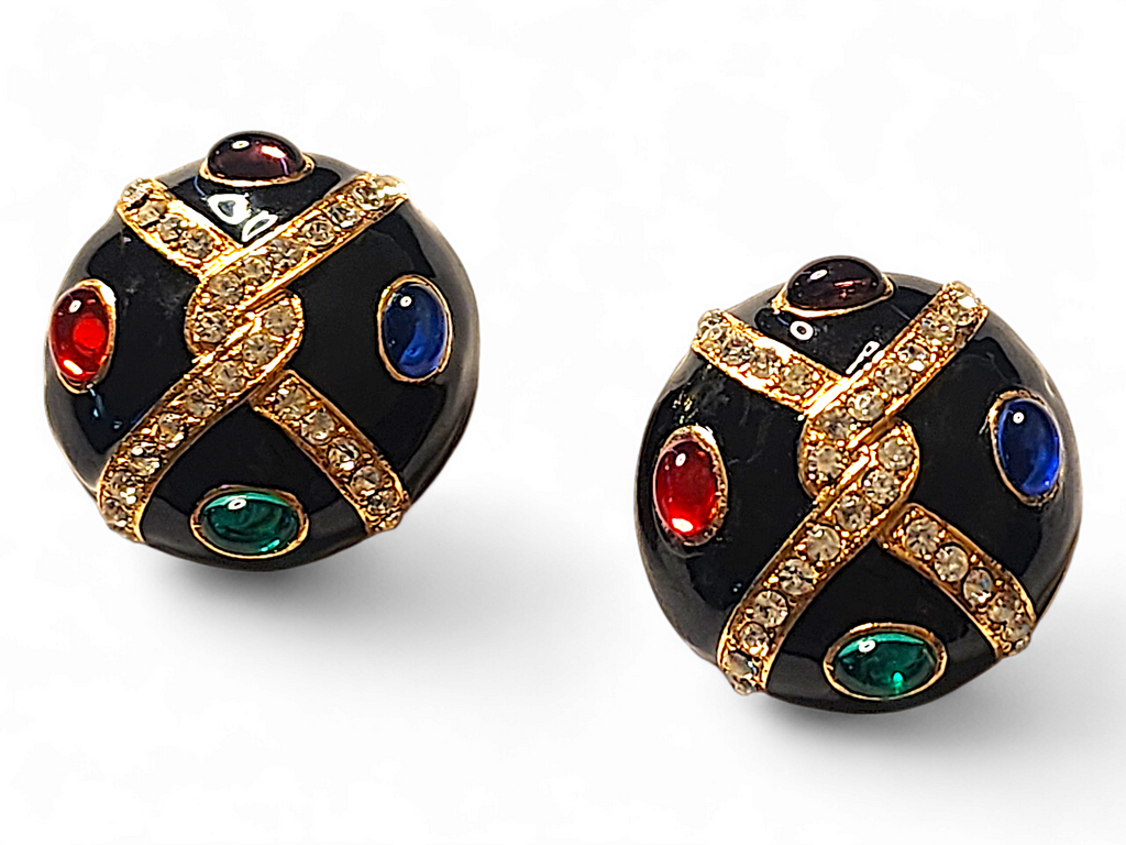 Byzantine Moghul Domed Multicolor Cabochon Gold Plated Vintage Earrings