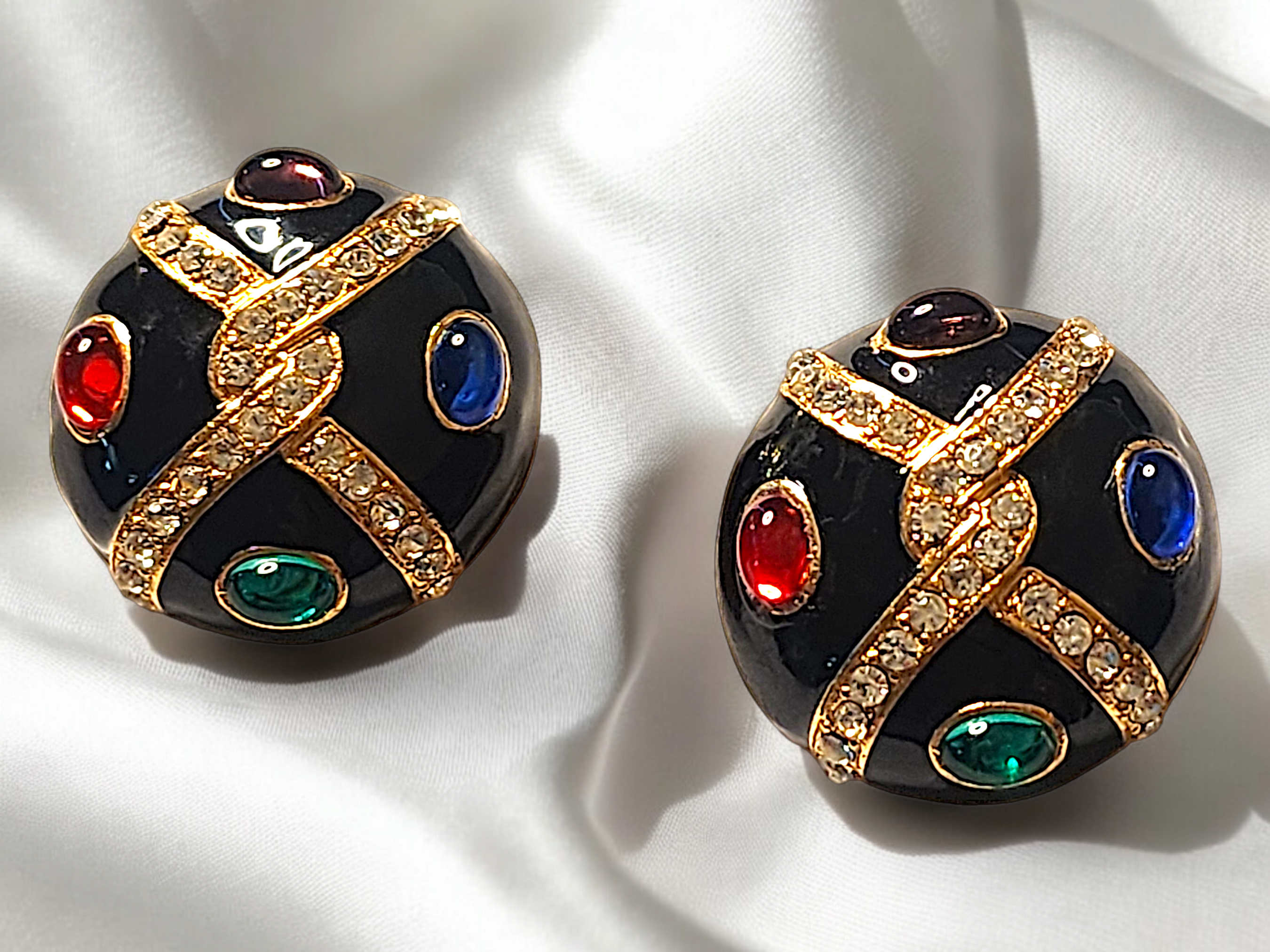 Byzantine Moghul Domed Multicolor Cabochon Gold Plated Vintage Earrings