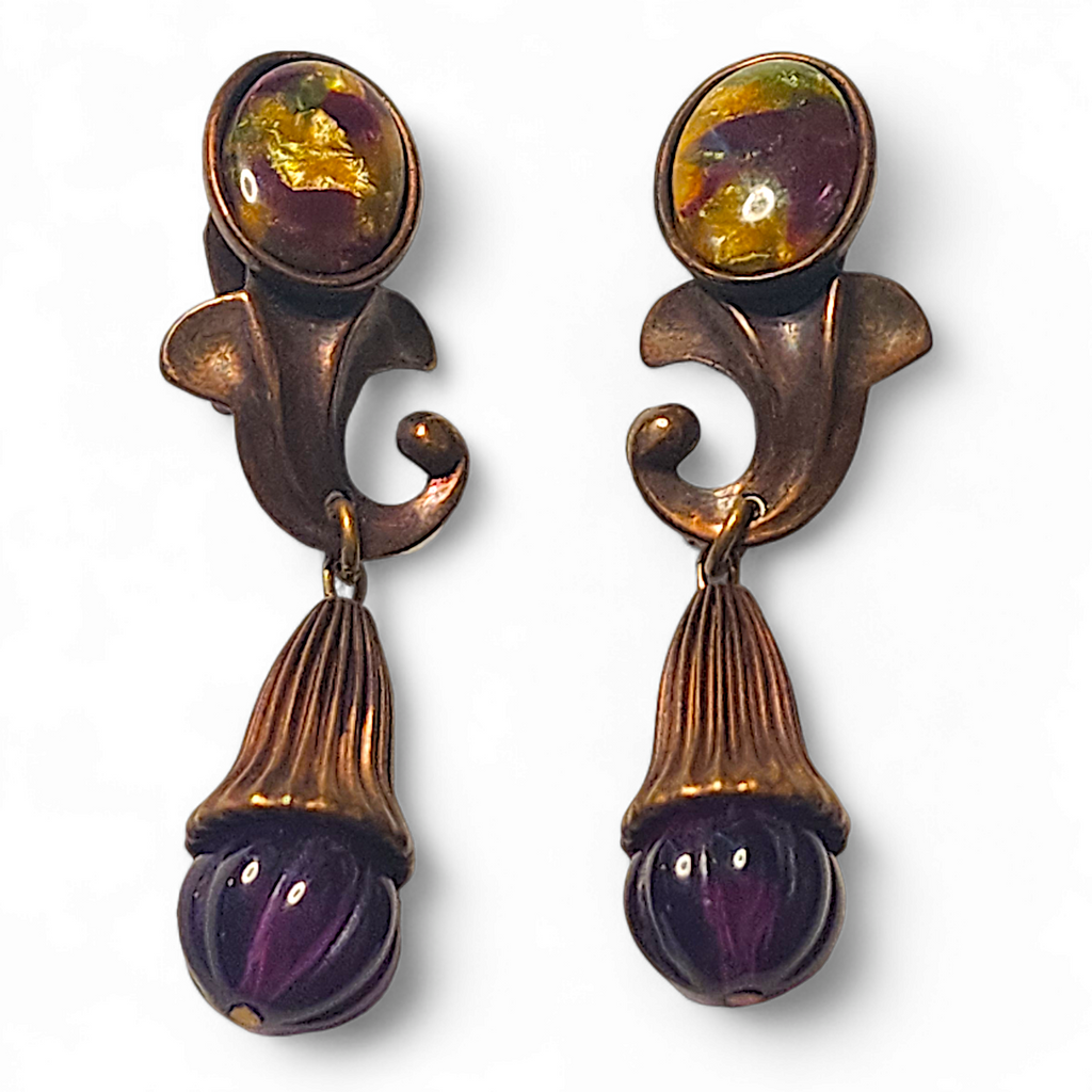 Kate Hines Copper Dangle Picture Jasper Purple Cabochon Vintage Earrings