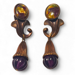 Kate Hines Copper Dangle Picture Jasper Purple Cabochon Vintage Earrings