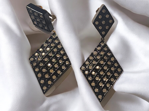 JEWELLIANS 4" Domino Style diamante Rhinestone Black Lacquer Vintage Earrings