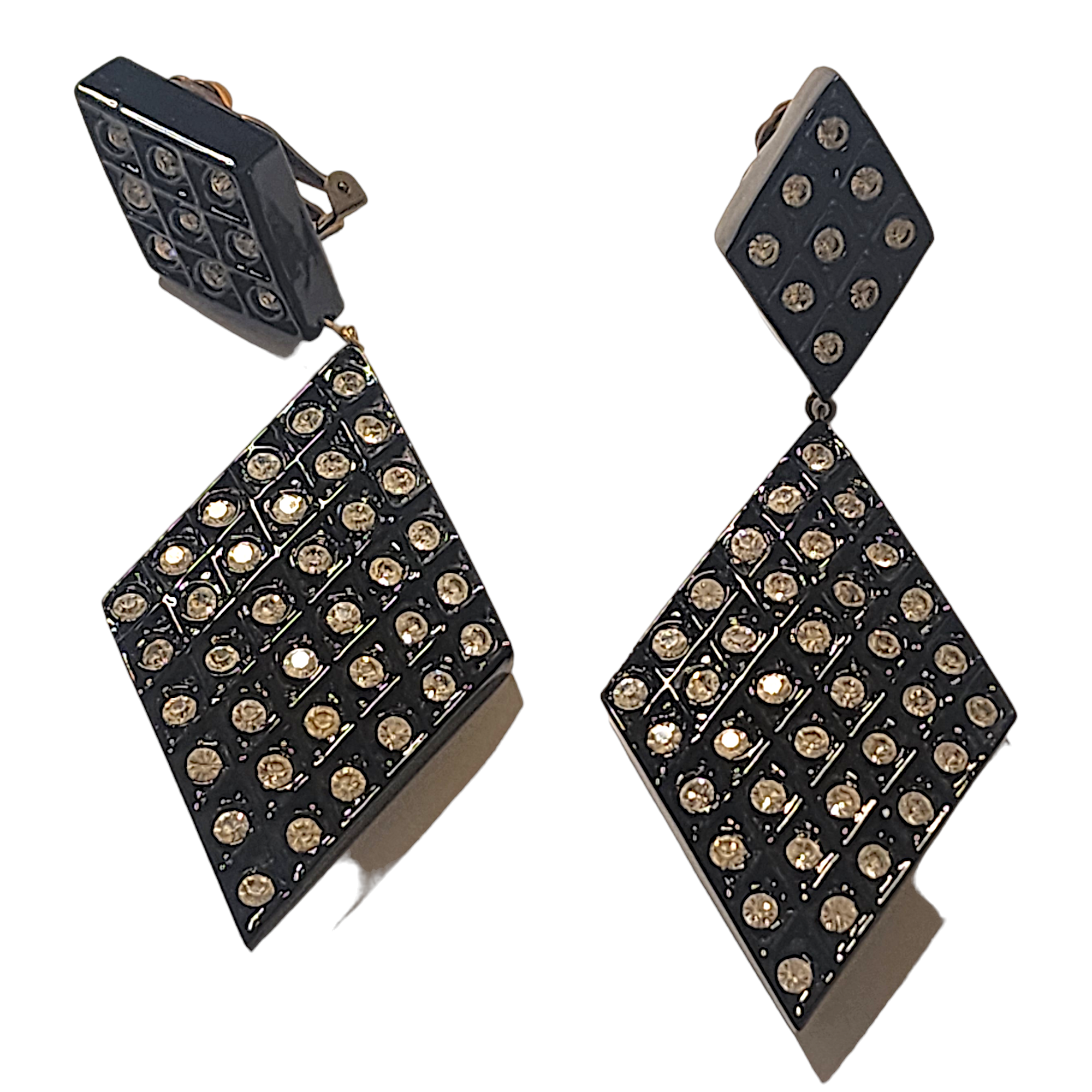 JEWELLIANS 4" Domino Style diamante Rhinestone Black Lacquer Vintage Earrings