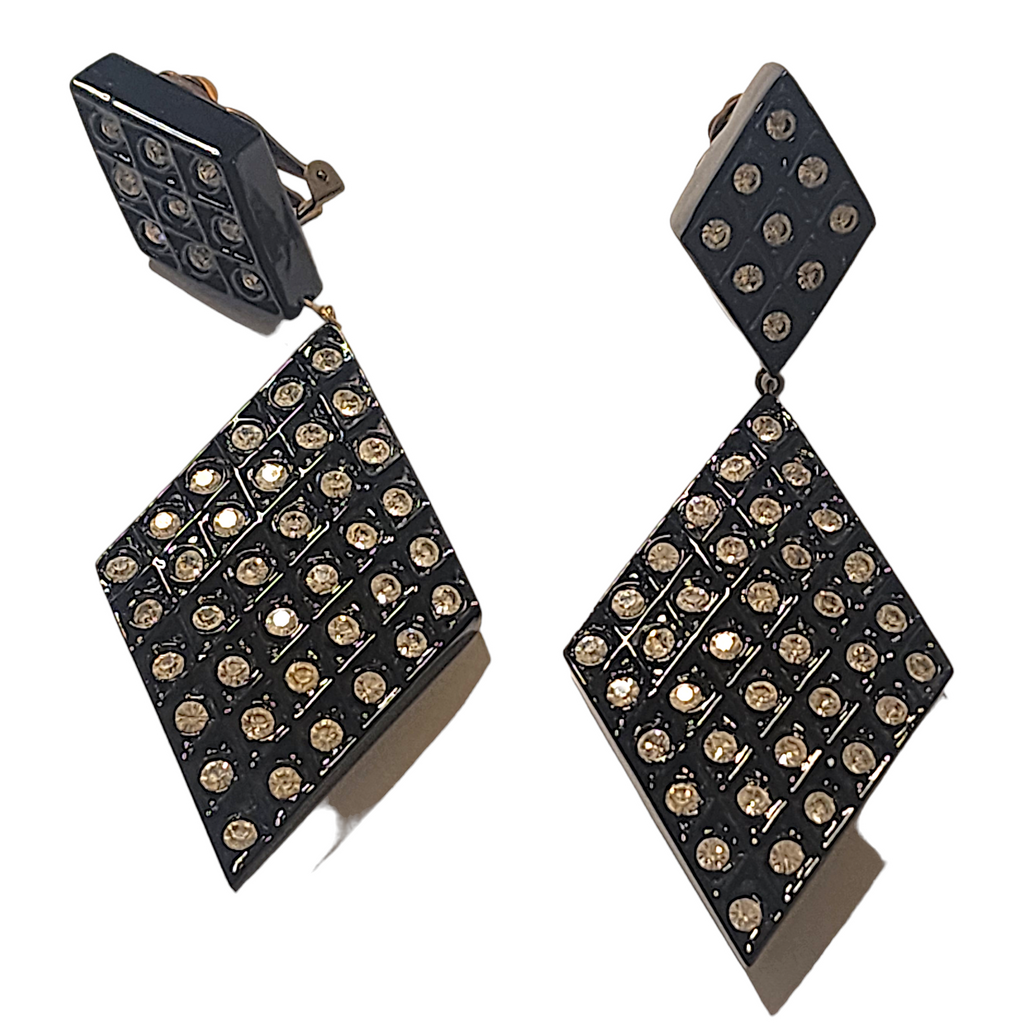 JEWELLIANS 4" Domino Style diamante Rhinestone Black Lacquer Vintage Earrings