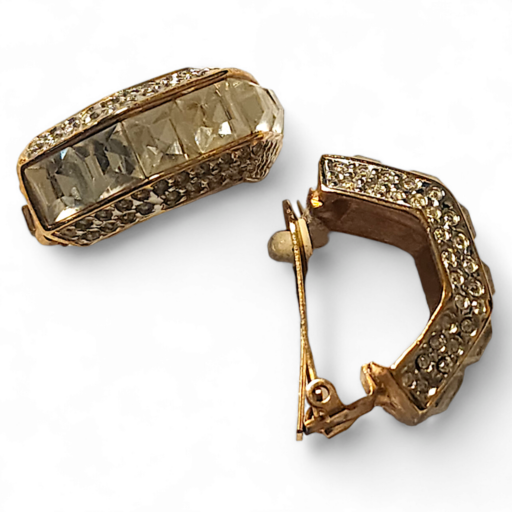 Large Les Bernard Diamante Gold Plated Half Moon Clip-on Vintage Earrings