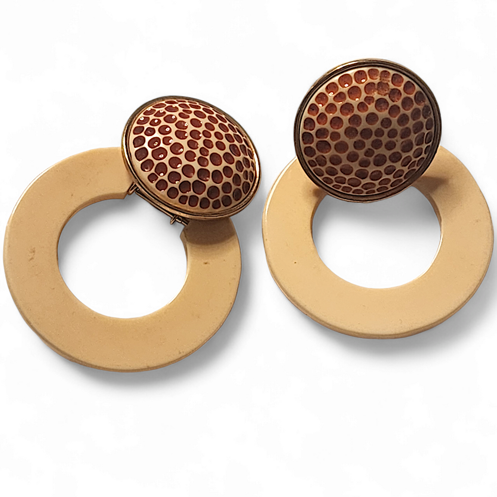 Les Bernard Orange Enamel Cream Hoop Clip-on Vintage Earrings