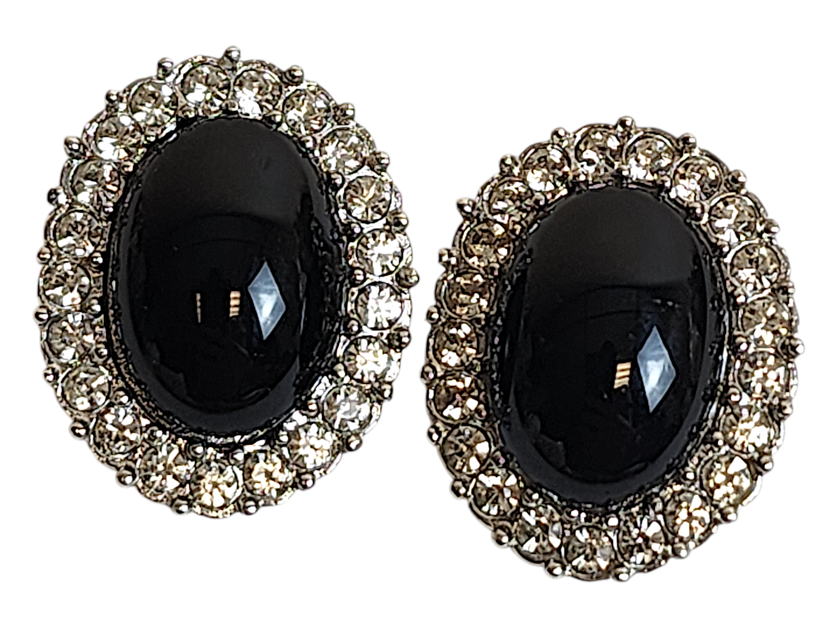 Silver Tone Glass Black Cabochon Diamante Clip-on Vintage Earrings
