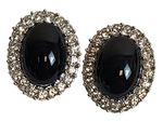 Silver Tone Glass Black Cabochon Diamante Clip-on Vintage Earrings
