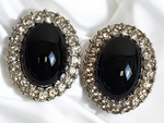 Silver Tone Glass Black Cabochon Diamante Clip-on Vintage Earrings