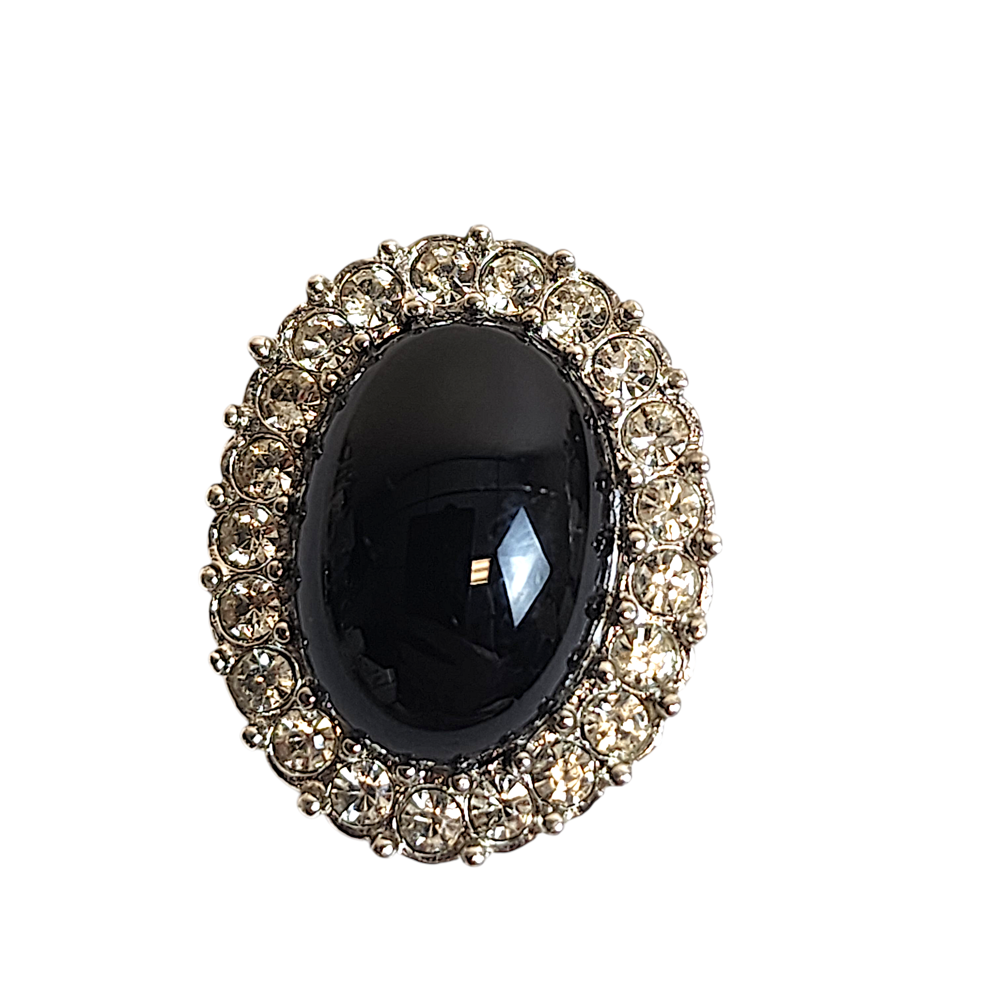 Silver Tone Glass Black Cabochon Diamante Clip-on Vintage Earrings