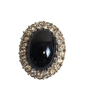 Silver Tone Glass Black Cabochon Diamante Clip-on Vintage Earrings