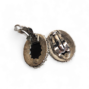 Silver Tone Glass Black Cabochon Diamante Clip-on Vintage Earrings