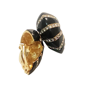 Stunning St. John Black Enamel and Diamante Gold-Plated Clip-on Earrings - Timeless Statement Jewelry