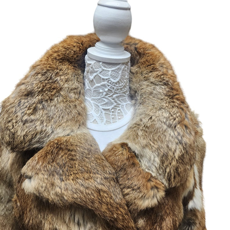 Vintage Full Length Multicolor Brown Rabbit Women's Fur Coat 70s-80s