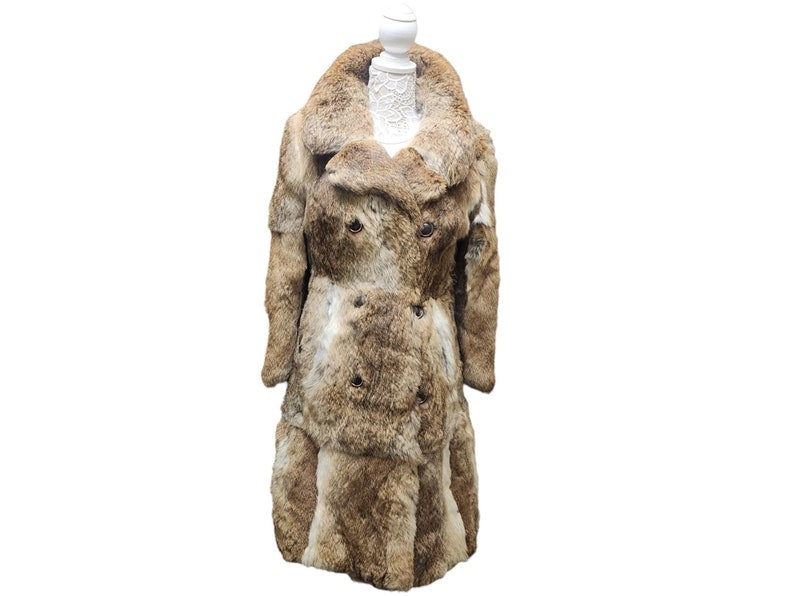 Vintage Full Length Multicolor Brown Rabbit Women's Fur Coat 70s-80s