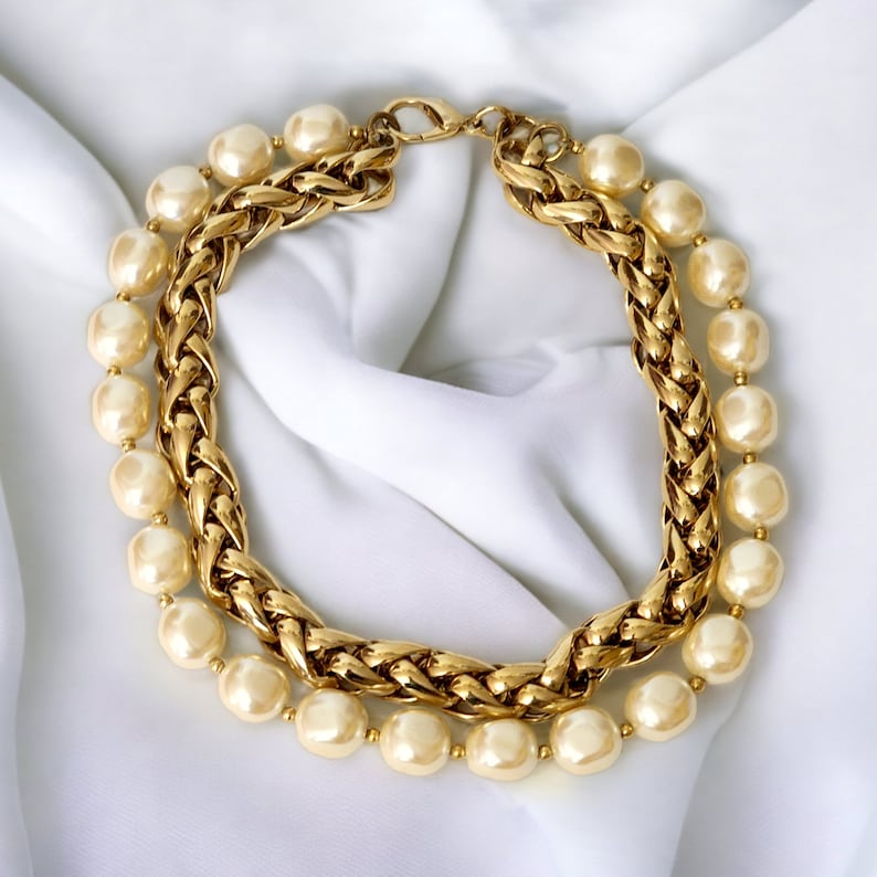 Large Baroque Pearl Gold Plated Wheat Chain Double Strand Vintage Necklace, Couture, Runway