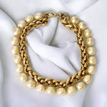Large Baroque Pearl Gold Plated Wheat Chain Double Strand Vintage Necklace, Couture, Runway