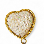White Sequin Heart Gold Rope Trim Pearl Dangle Vintage Earrings