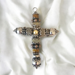 Vintage 1980s Clear Quartz and Tiger's Eye Beaded Italian Sterling Silver Cross Pendant