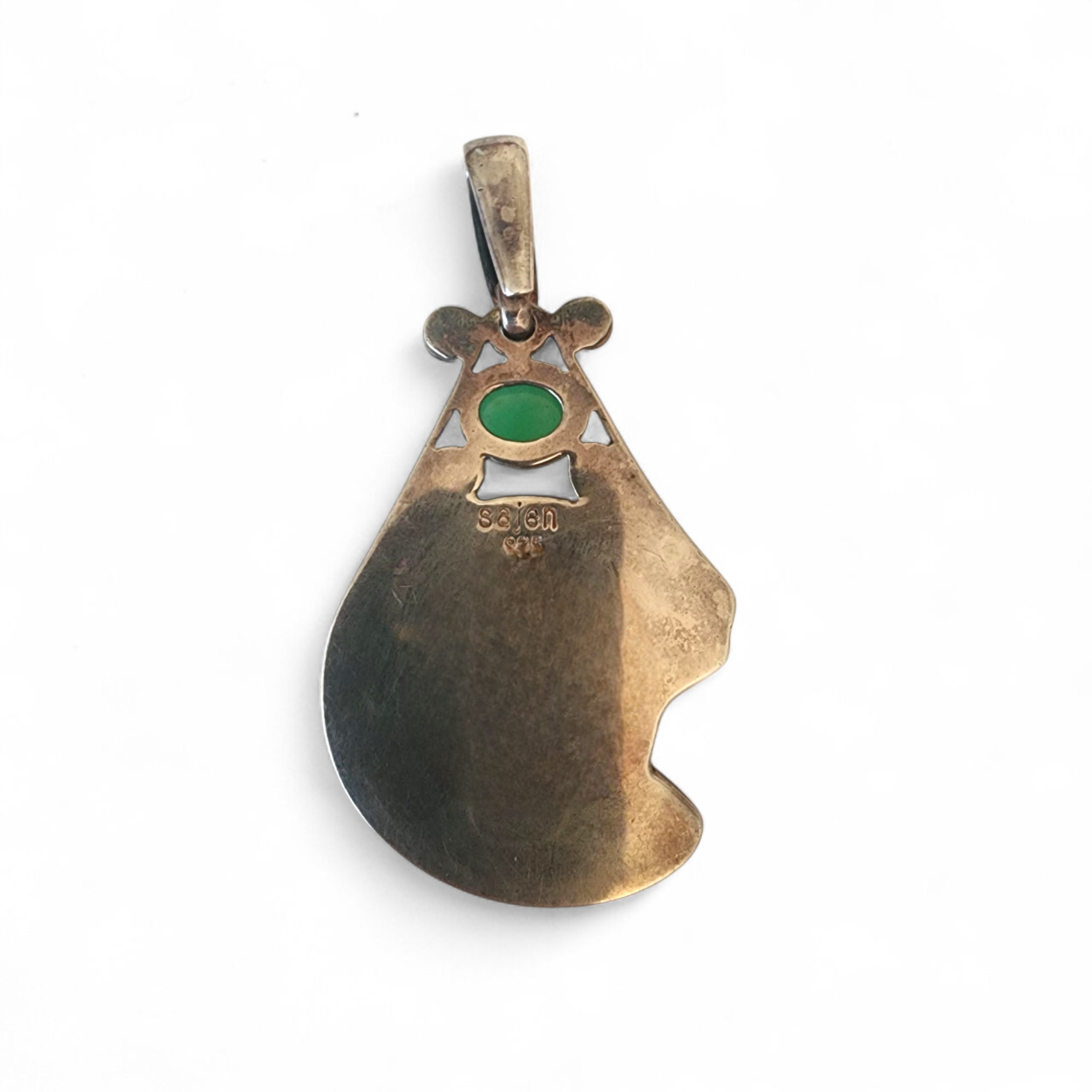 Vintage Sajen Sterling Silver Koi Fish Pendant with Mother of Pearl and Green Chalcedony- Statement Jewelry