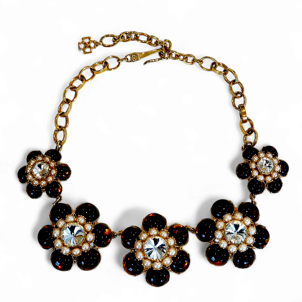 Vintage Ann Taylor Gold-Tone Floral Statement Necklace – Adjustable 14–20" with Crystals, Pearls and Citrine Accents