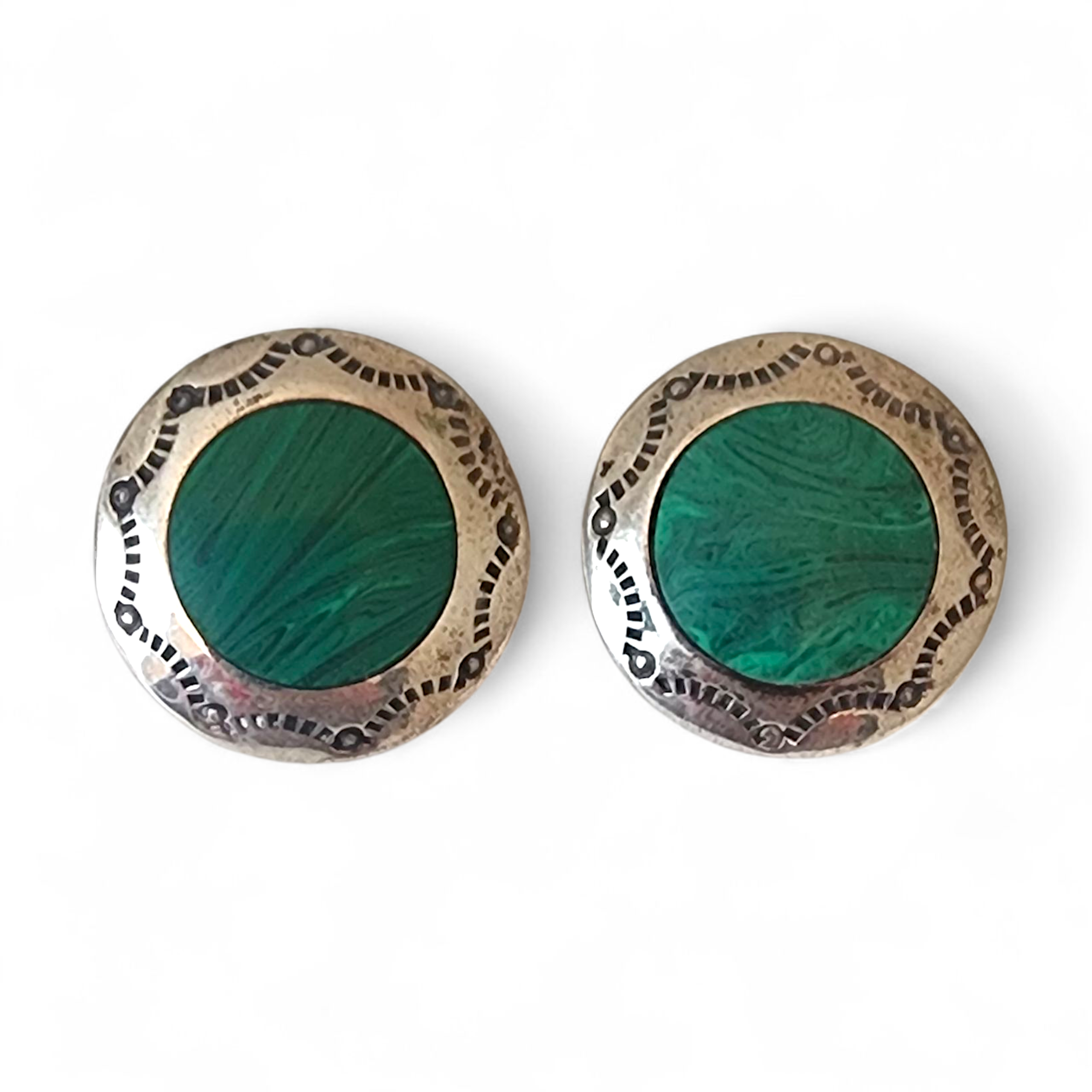 Vintage Native American Sterling Silver and Malachite Large Earrings