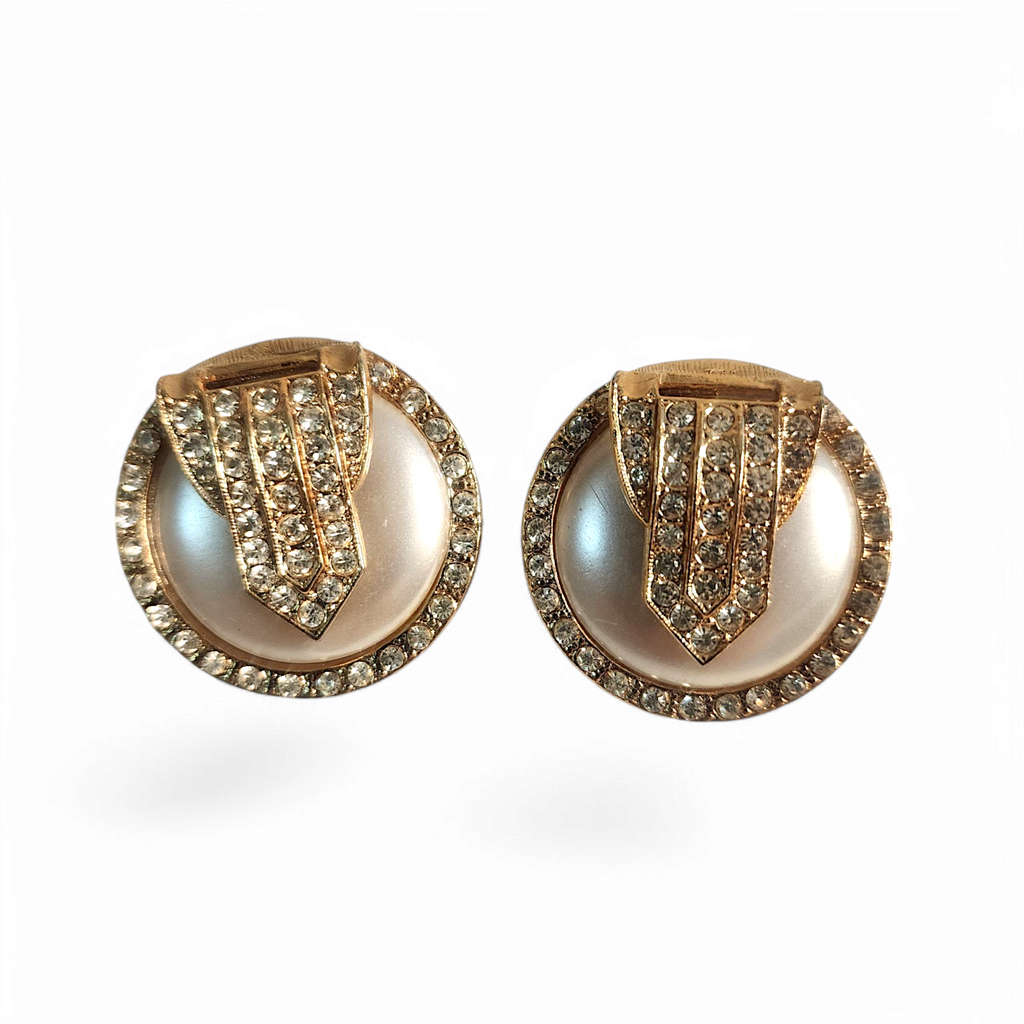 Vintage Clip-On Earrings | Art Deco Style | Gold Tone with Faux Pearls & Crystals