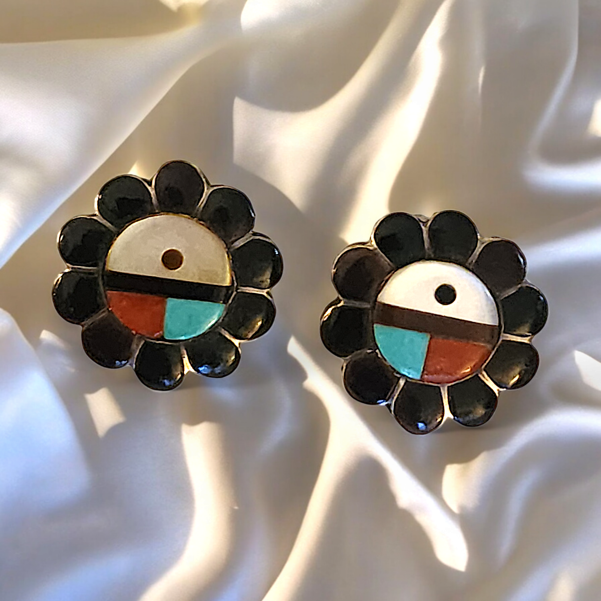 Vintage Sterling Silver Zuni Inlay Sun God Clip Earrings